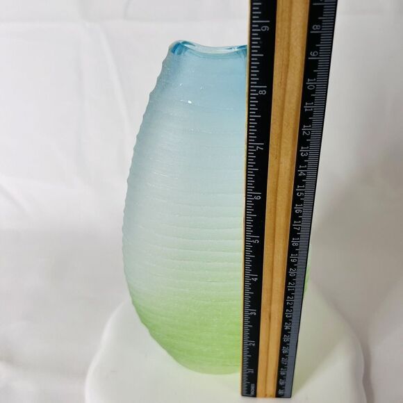 Vintage Ombre Green To Blue Frosted Art Blown Glass Ribbed MCM 8.5” PRETTY - Picture 9 of 9